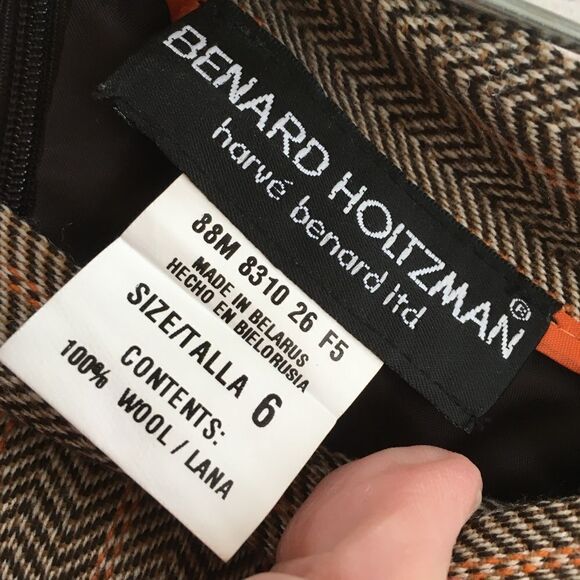 BENARD HOLTZMAN 100% WOOL HERRINGBONE MIDI SKIRT WITH‎ FRINGE HEM - Picture 5 of 6